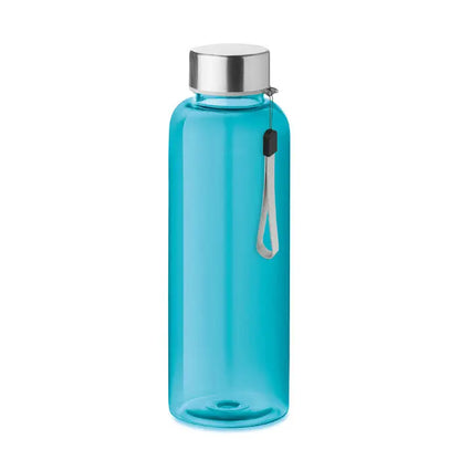 Flacon tritan 500ml sticlă transparentă turcoaz din plastic cu capac metalic argintiu și curea de mână gri