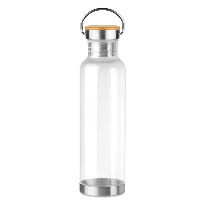 Sticla transparenta de apa flacon tritan 800ml cu capac din bambus, baza si maner din otel inoxidabil
