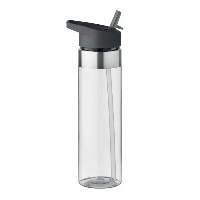 Flacon tritan de 650 ml transparent cu capac negru rabatabil si banda metalica argintie din plastic durabil