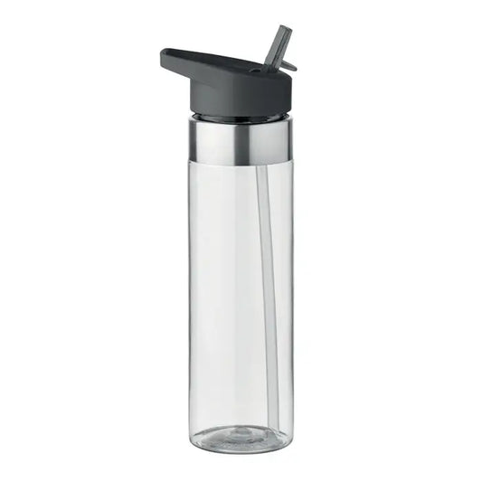 Flacon tritan de 650 ml transparent cu capac negru rabatabil si banda metalica argintie din plastic durabil
