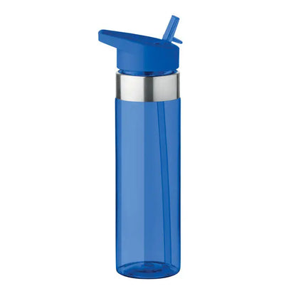 Flacon tritan de 650 ml albastru translucid cu bandă metalică argintie și capac cu pai integrat