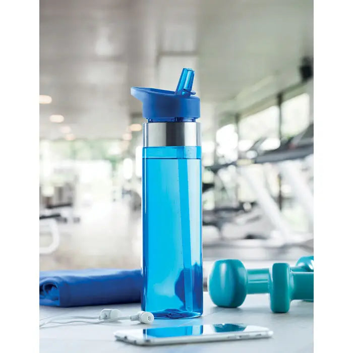Flacon tritan de 650 ml albastru transparent cu capac pliabil albastru si banda argintie