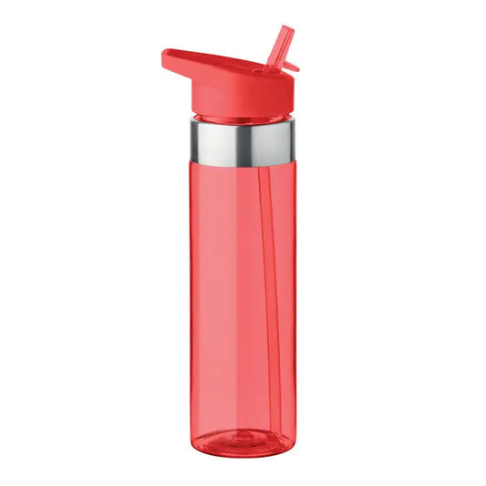 Flacon tritan de 650 ml cu capac rosu flip-top si pai integrat din plastic rosu translucid cu banda metalica argintie