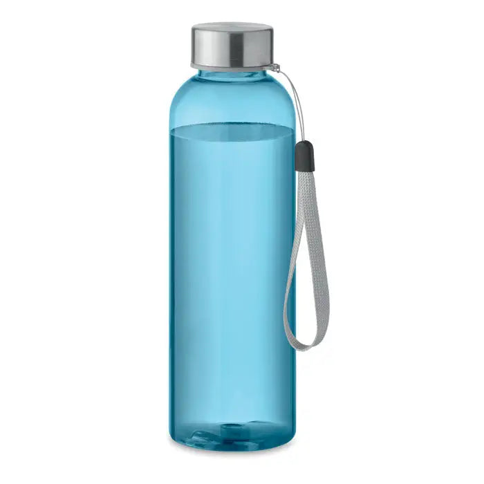 Flacon tritan renew 500 ml sticla de apa din plastic albastru deschis translucid cu capac metalic argintiu si curea gri din textil