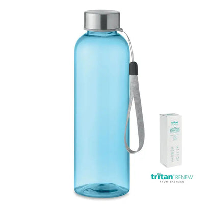 Sticlă tritan renew 500 ml translucid albastru deschis cu capac argintiu și curea țesută gri