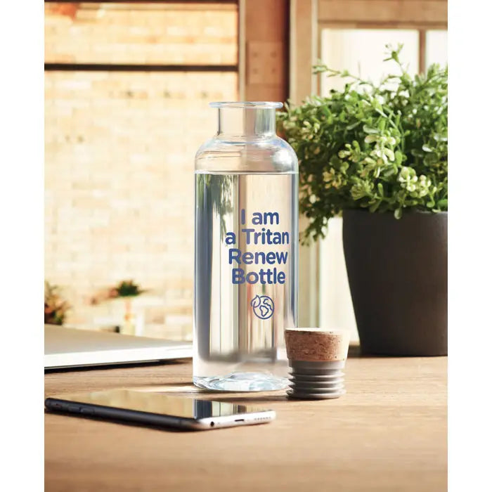 Sticlă transparentă flacon tritan renew 500 ml cu text albastru și capac din plută și metal