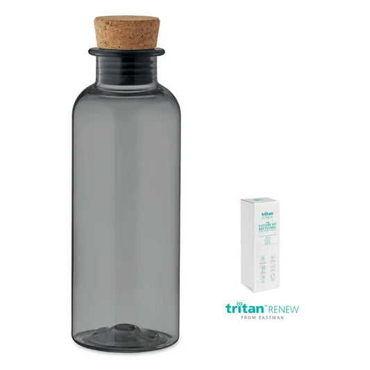 Flacon tritan renew 500 ml sticlă apă gri translucidă cu dop natural de plută și margine neagră
