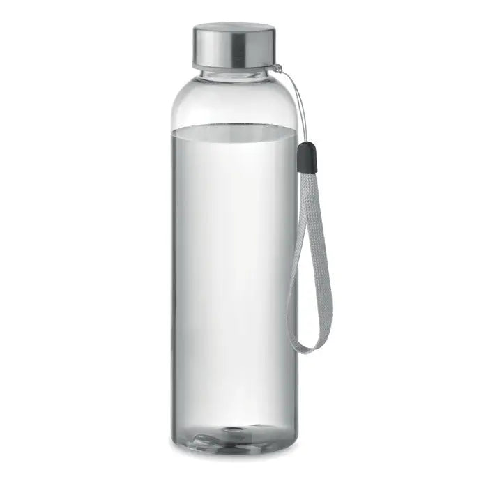 Sticlă transparentă flacon tritan renew™ 500 ml cu capac argintiu metalic și curea gri împletită