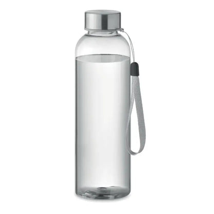 Sticlă transparentă flacon tritan renew™ 500 ml cu capac argintiu metalic și curea gri împletită