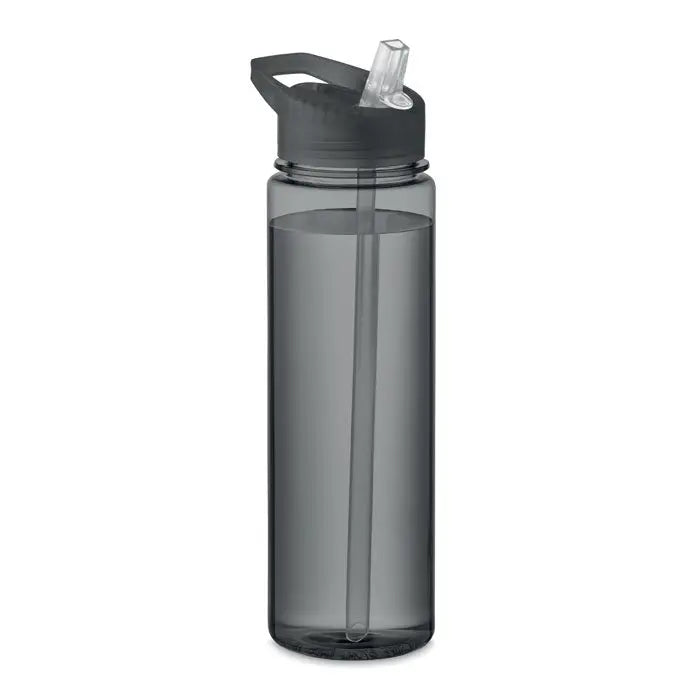 Sticlă de apă flacon tritan renew 650 ml din plastic translucid gri închis cu capac negru cu clapetă și pai transparent