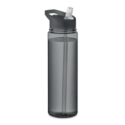 Sticlă de apă flacon tritan renew 650 ml din plastic translucid gri închis cu capac negru cu clapetă și pai transparent