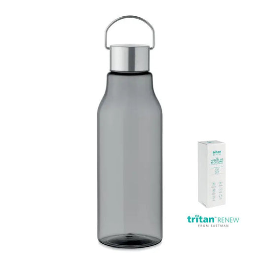 Sticlă de apă gri translucidă flacon tritan renew 800 ml cu capac metalic argintiu și mâner din material tritan renew