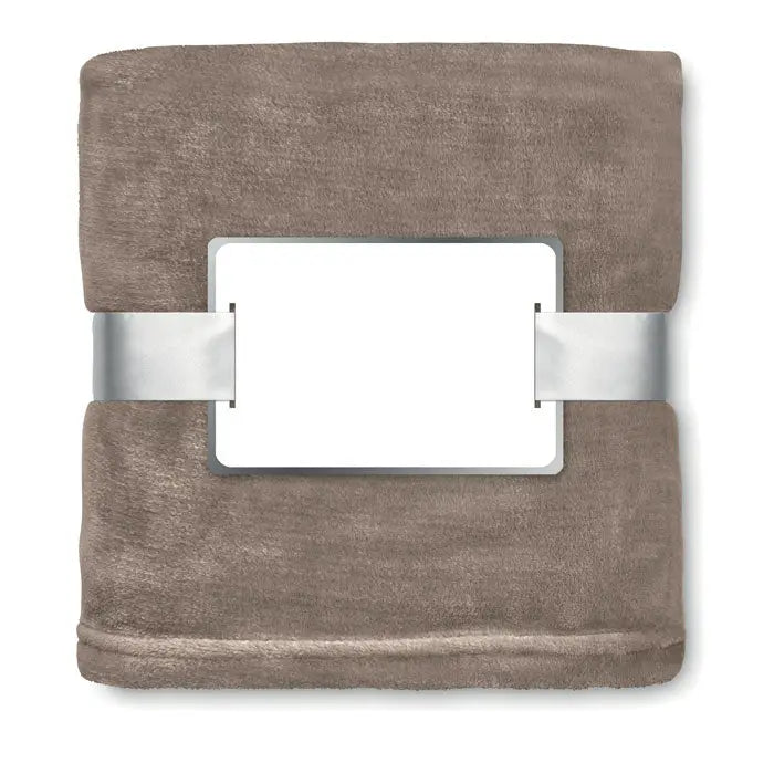 Flanel patura cu textura moale taupe si banda metalica argintie pentru confort si decor acasa
