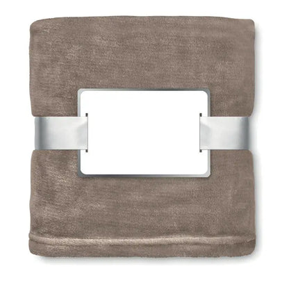 Flanel patura cu textura moale taupe si banda metalica argintie pentru confort si decor acasa