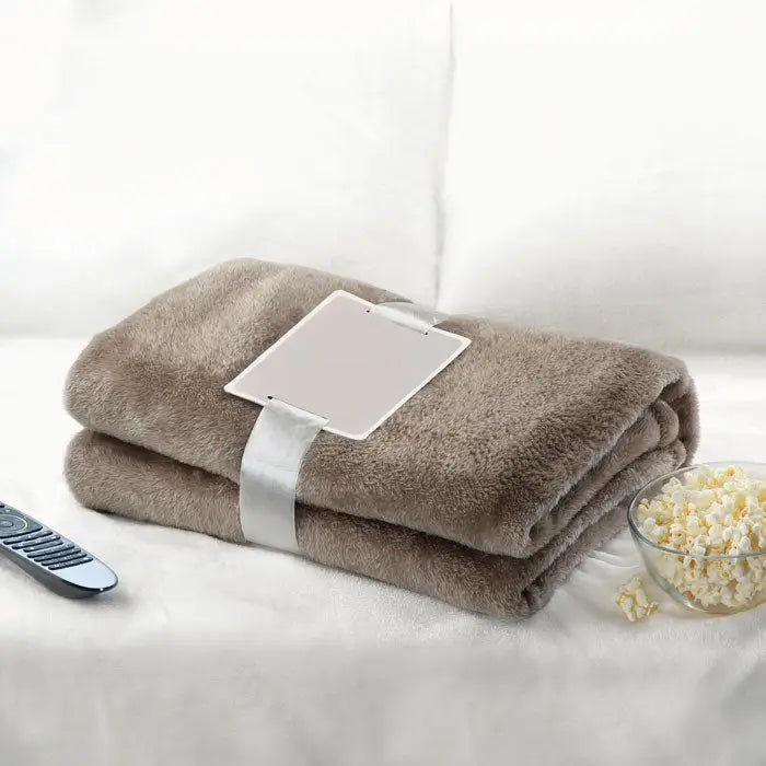 Flanel patura taupe din fleece moale, patura pliata elegant legata cu panglica argintie