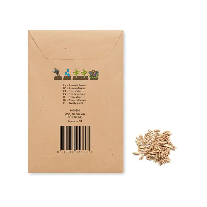 Pachet maro din hartie kraft cu seminte albe pentru flori de vara si traduceri multilingve pe spate