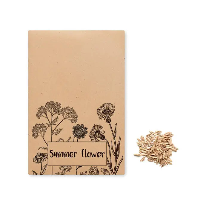 Pachet kraft pentru semințe florale de vară cu ilustrații negre și semințe maro deschis pentru grădinărit
