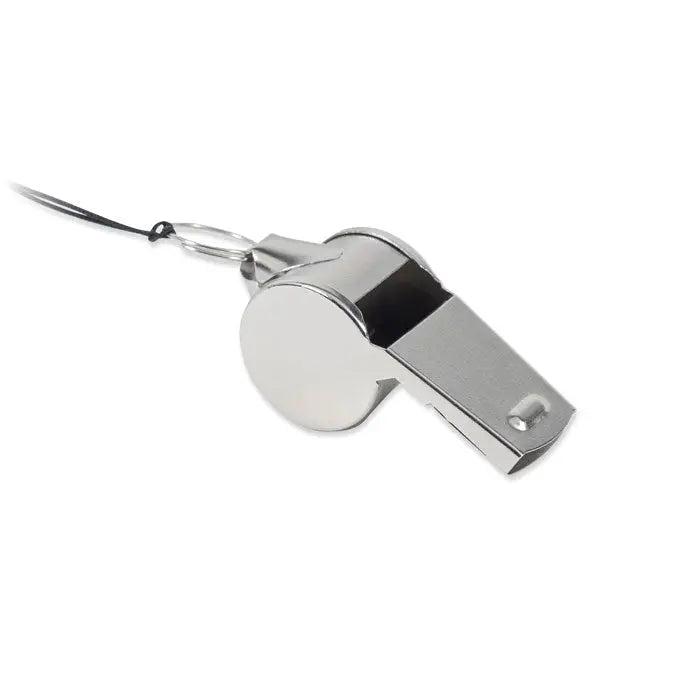 Fluier metalic argintiu din metal cu snur negru atasat pentru utilizare sportiva si antrenamente