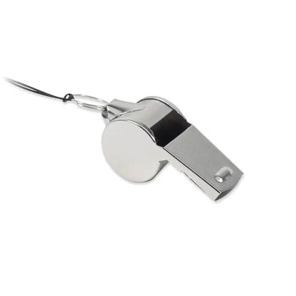 Fluier metalic argintiu din metal cu snur negru atasat pentru utilizare sportiva si antrenamente