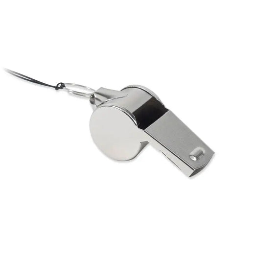 Fluier metalic argintiu din metal cu snur negru atasat pentru utilizare sportiva si antrenamente