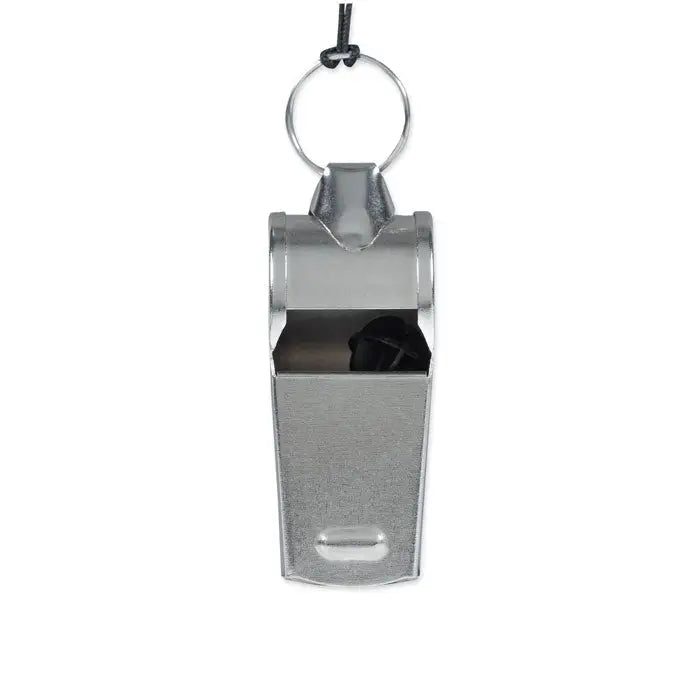 Fluier metalic argintiu cu cordon negru din metal pentru fluier sportiv sau de antrenament