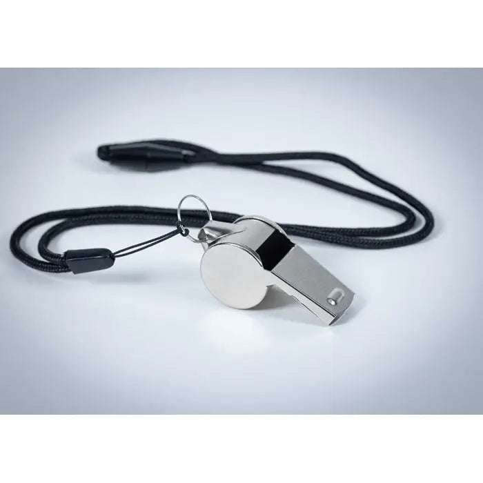 Fluier metalic silver whistle din metal cu lanyard negru pentru arbitraj si sport