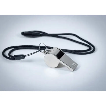 Fluier metalic silver whistle din metal cu lanyard negru pentru arbitraj si sport