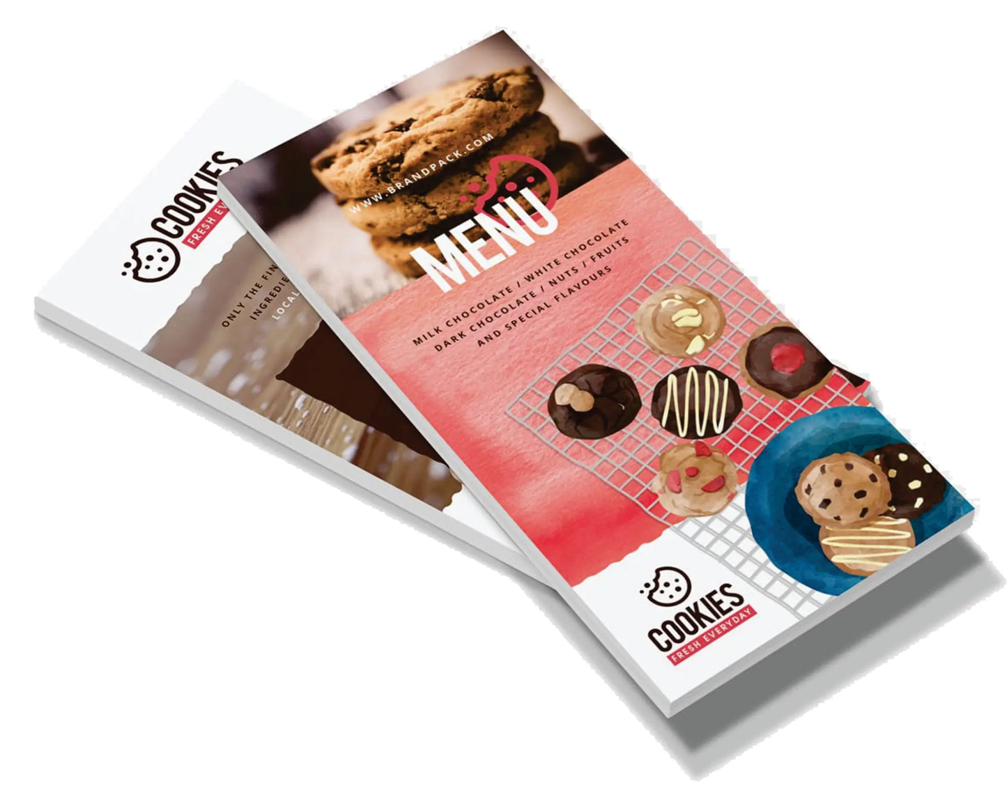 Meniu de cookie roz si alb cu ilustratii de cookie-uri asortate de ciocolata pe produsul flyere 1/3a4 fata-verso