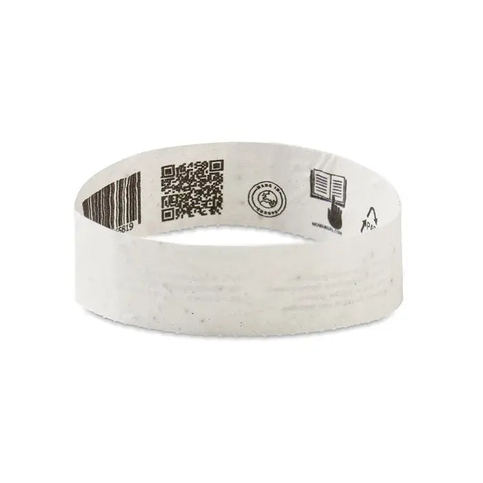 Foaie de bratari din hartie de seminte alba cu cod de bare, cod qr si simbol de reciclare imprimat