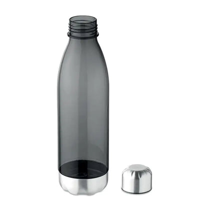 Forma lapte sticla de 600 ml, o sticla translucida gri inchis cu baza si capac metalic argintiu