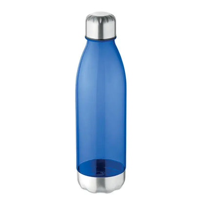 Formă lapte sticlă de 600 ml albastru translucid din plastic cu capac și bază metalice argintii