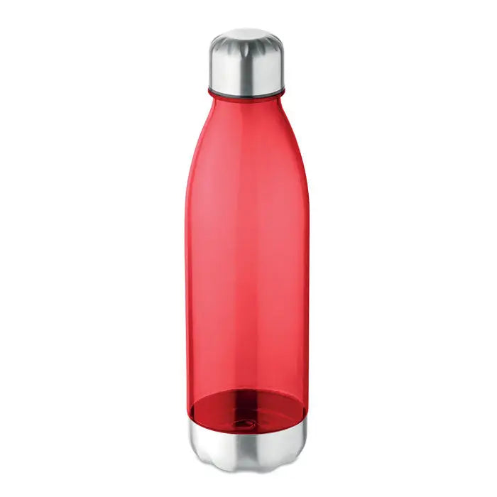 Sticlă de 600 ml forma lapte din plastic roșu translucid cu capac și bază metalice argintii