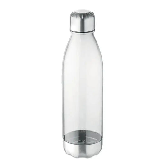 Sticlă de formă lapte de 600 ml transparentă cu capac și bază metalică argintie din plastic clar