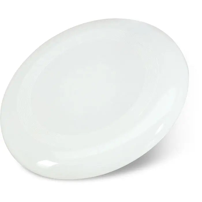 Frisbee alb din plastic de 23 cm cu striatii concentrice subtile pentru joc in aer liber