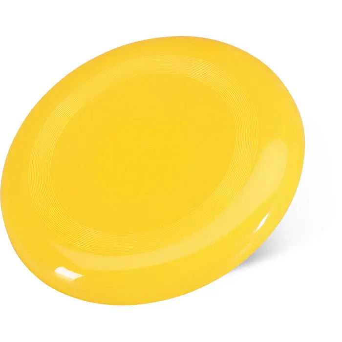 Frisbee galben vibrant din plastic de 23 cm cu dungi concentrice subtile pentru jocuri in aer liber