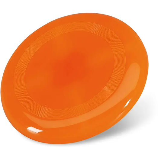 Frisbee din plastic portocaliu strălucitor cu 23 cm diametru și striații concentrice pentru joc în aer liber