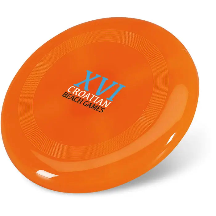 Frisbee din plastic portocaliu aprins de 23 cm cu text albastru si negru xvi croatian beach games