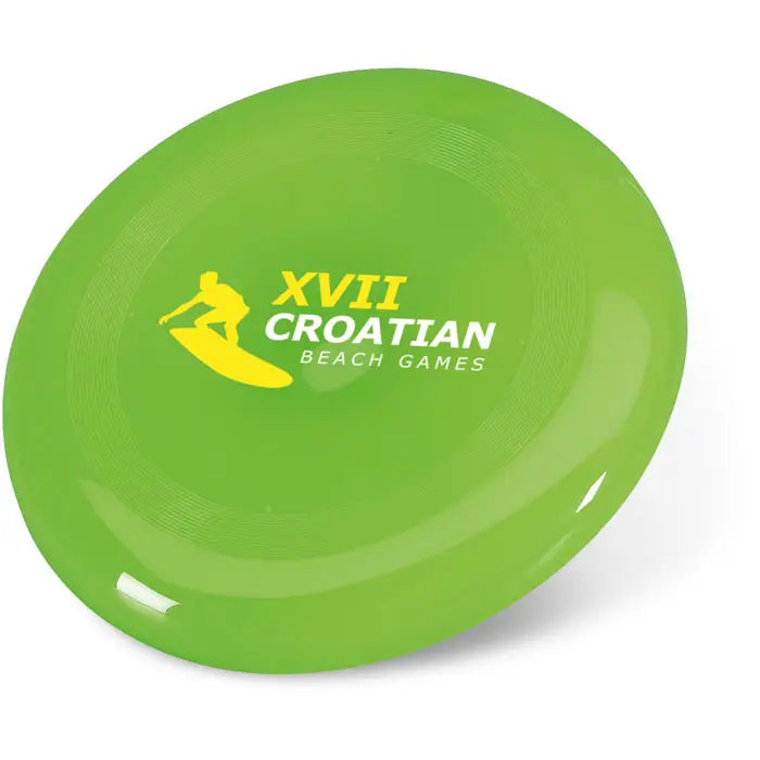 Frisbee din plastic verde aprins de 23 cm cu logo galben surfboarder si textul xvii croatian beach games