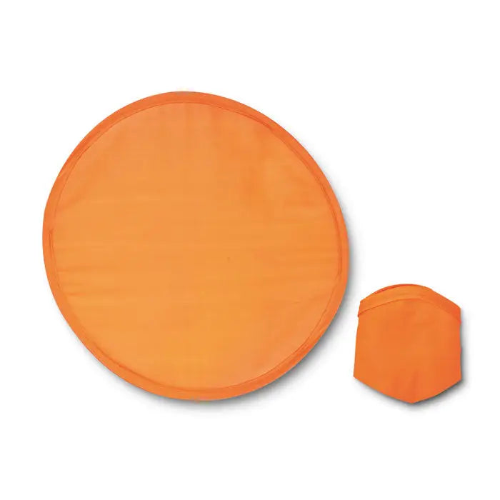 Frisbee pliabil portocaliu circular din material rezistent aratat in stari pliata si extinsa in husa