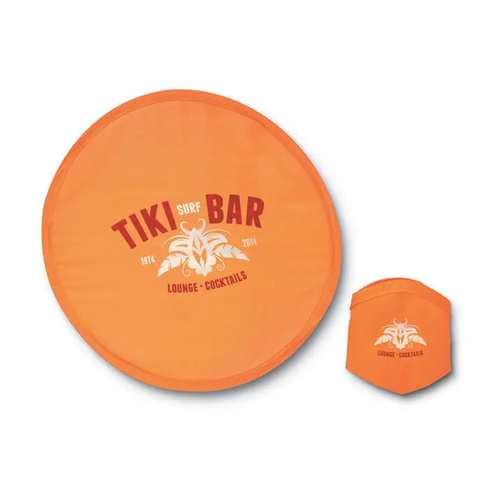 Portocaliu prosop de plajă pliabil cu logo tiki surf bar și design tropical pentru frisbee pliabil în husă