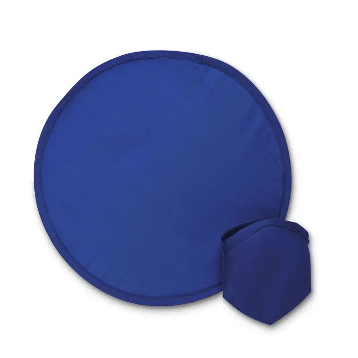 Frisbee pliabil albastru din material textil, prezentat deschis si pliat in husa compacta pentru transport facil