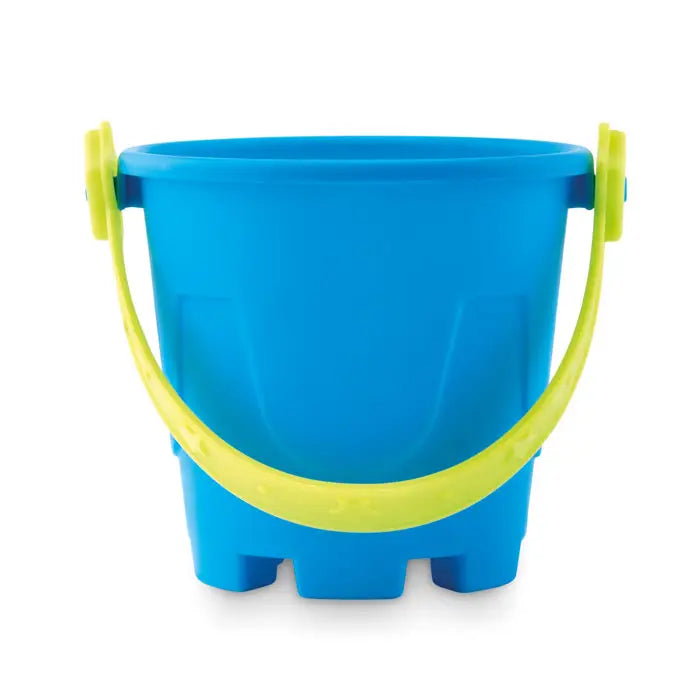 Galeata cu nisip albastru electric din plastic cu maner verde lime si baza in forma de picior