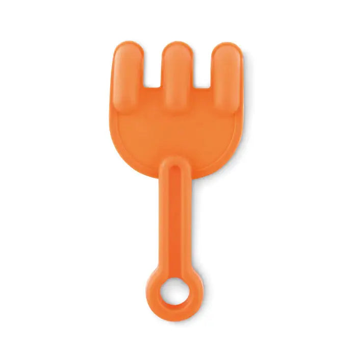 Galeata cu nisip si lopatica din plastic portocaliu deschis cu maner rotunjit si trei dinti