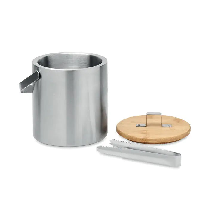 Galeata pentru gheata de 1,2 litri din inox cu pereti dubli, capac din bambus si clesti asortati