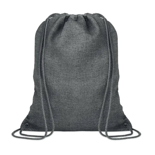 Geanta 1200d cu snur negru este un rucsac texturat gri inchis cu snururi impletite asortate