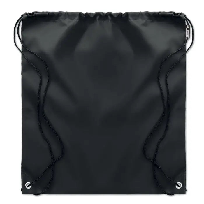 Geanta 190T RPET cu snur neagra cu finisaj mat neted si garnituri metalice intarite la colturile de jos