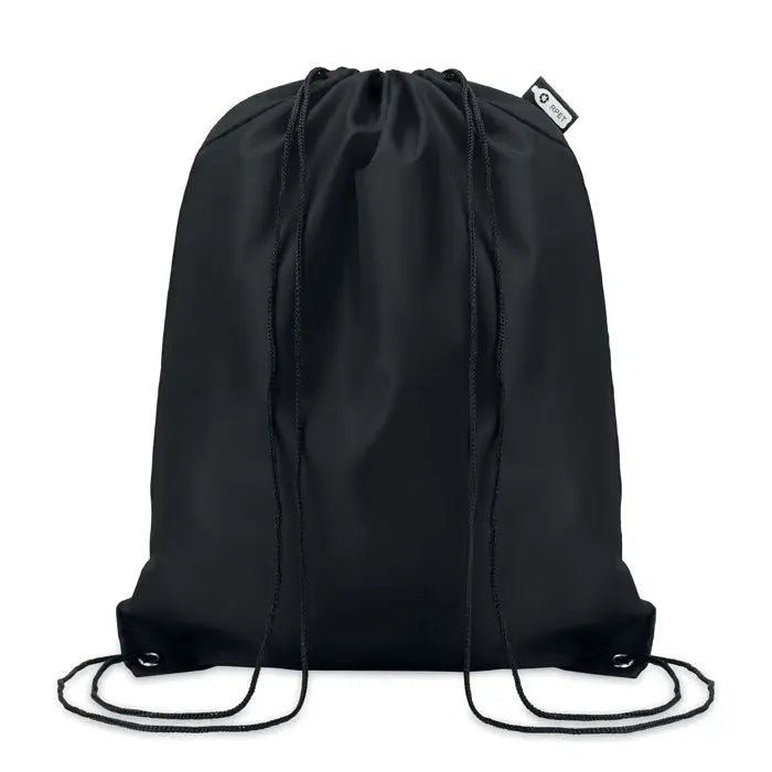 Geanta 190t rpet cu snur neagra cu tesatura din nailon usor lucioasa si snururi negre asortate