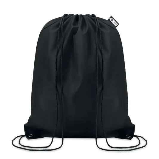 Geanta 190t rpet cu snur neagra cu tesatura din nailon usor lucioasa si snururi negre asortate