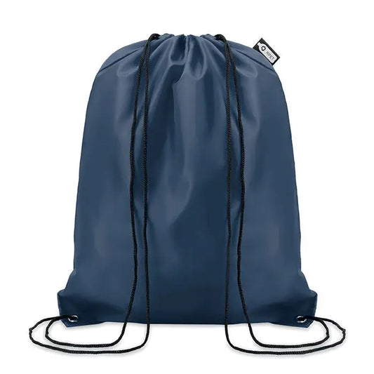Geanta 190t rpet cu snur navy blue cu snururi negre si eticheta alba mica in coltul din dreapta sus