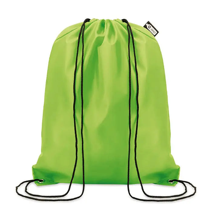 Geanta 190t rpet cu snur lime verde aprins cu cordon negru si eticheta mica de brand